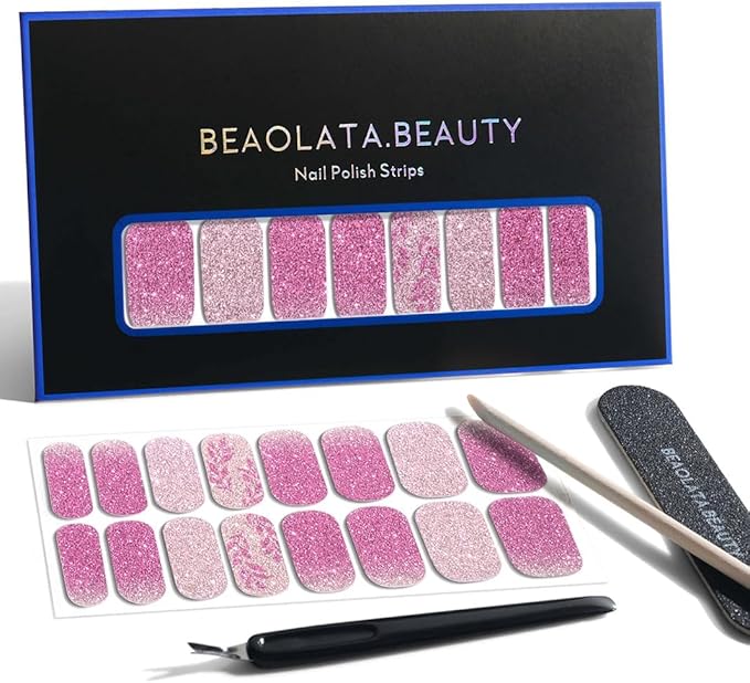 Nail Polish Strips, 32PCS Salon Quality Wraps, Long Lasting Gel Nail Stickers for Women Easy Apply& Remove (Pink Meteor)