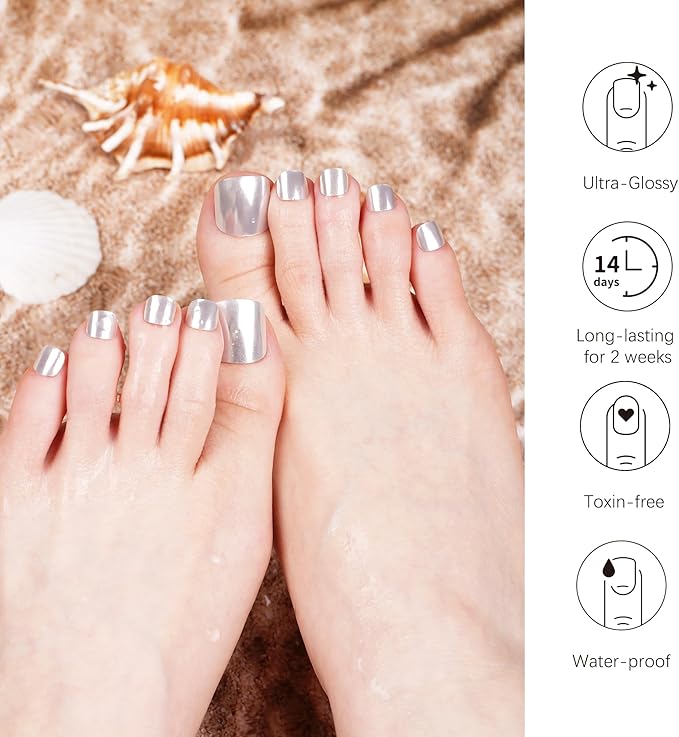 DANNI & TONI Semi Cured Gel Toenail Strips Sliver (Gloss Babe) Mirror Toe Nail Stickers Gel Pedi Wraps 37 Stickers