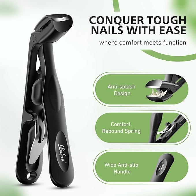 BALUCA Ergonomic Toenail Clippers for Thick Nails for Seniors, Angled Head Large Toe Nail Cutter for Men,Long Handle Nail Clippers with Catcher, Black