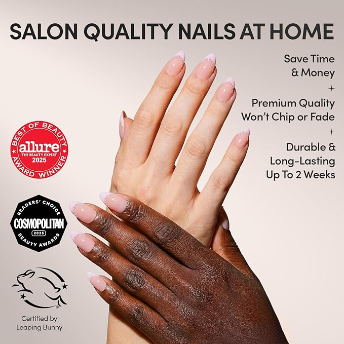 Valentines Day Glamnetic Press On Nails - Pink Me Up | Short Almond Fake Nails in Pastel Pink French Tips with 3D Pearls in a Glossy Finish, Salon Quality Nails | 15 Sizes - 30 Nail Kit with Glue