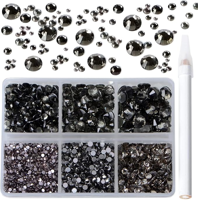Bymitel 5000 Pieces 6 Mixed Sizes Glue Fix on Glass Rhinestones Round Crystal Gems Flatback for DIY Jewelry Making with one Picking Pen(6-Sizes 5000PCS, Black Diamond)