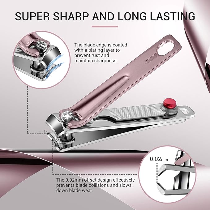 MelodySusie Nail Clippers Set, Ultra Sharp Toenail Clippers with Glass Nail File, 3 in 1 Stainless Steel Nail Clippers for Men Women, Fingernail Clipper Nail Cutter Manicure Set, Pink