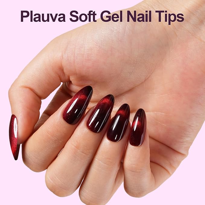 Cat Eye Press on Nails Medium Almond, 240Pcs Soft Gel Fake Nails, Glossy Glitter Cat Eye Nail Tips for Women and Girls Stick On Nails in 12 Sizes
