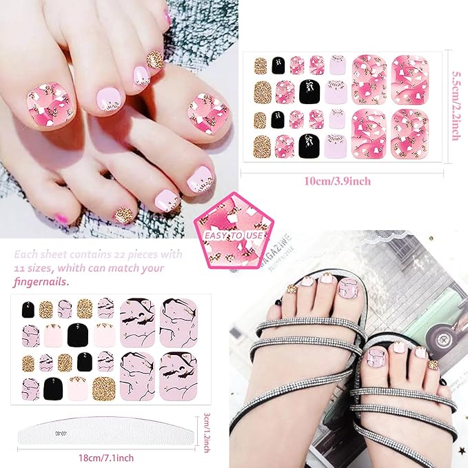 JERCLITY 440 Pieces 20 Sheets Toe Nail Stickers Full Nail Wraps Self-Adhesive Glitter Toenail Polish Strips Full Nail Stickers Nail Art Decals Strips with Nail File for Women Girls Kids（Warm Colors）