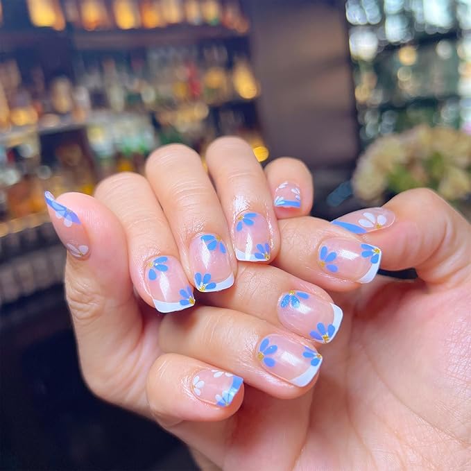 White French Press on Nails Short Square Fake Nails 24 Pcs Kit False Nails with Flowers Designs Press Nude Artificial Glue on Nails Glossy Nail Tips Full Cover Acrylic Stick on Nail for Women