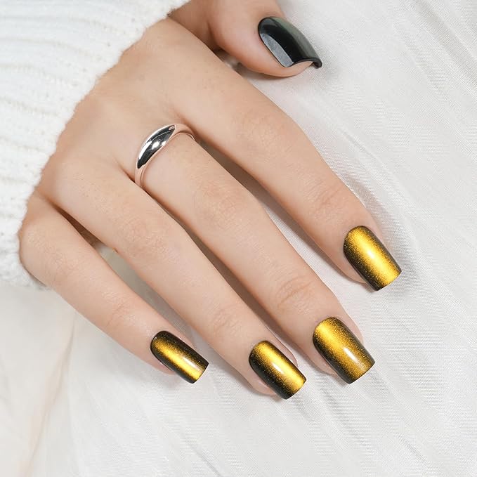 Gold Cat Eye Press On Nails - Short Square Metallic Gold Nails Press Ons for Women DIY Glossy Fake Nails Kit with Glue, Reusable Soft Gel Glue on Nails Short in 16 Sizes - 32pcs, Golden Mirage