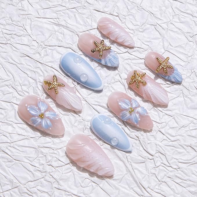 10 Pcs Handmade Almond Press on Nails Short Luxury Shell Shaped French tip Fake Nails 3D Starfish Rhinestone Nails Press Ons with Flower Design Full Cover Artificial Acrylic Stick on Nail for Women(S)