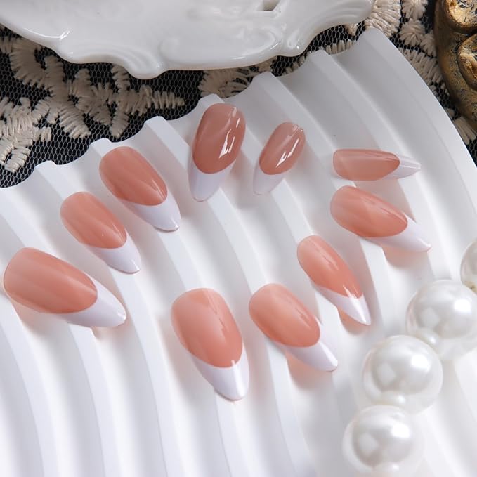 24pcs French Tip Medium Almond Press On Nails, Reusable Nail Kit with Nail Glue Adhesive Tabs Mini Nail File, 10 Sizes
