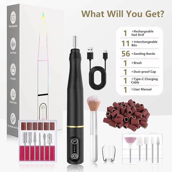 Cordless Nail Drill Electric Rechargeable File Kit, Professional Efile Acrylic Gel Nail Polish Remover Pedicure Manicure Machine Portable Set with 11 Bits 56 Sanding Bands (Black)