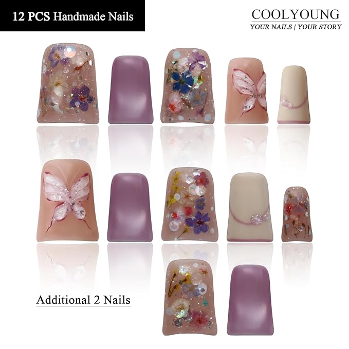 Duck Nails Handmade Press On Nails Short 3D Pink Cat Eye Nails Women Gifts Real Flowers COOLYOUNG 12 PCS, Size M