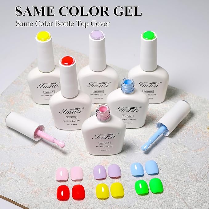 Imtiti 6 Pcs Gel Polish Set,10ml Same Color Same Bottle Cap Spring Summer Gel Nail Polish Kit (Neon Green, Neon Red, Light Purple, Light Blue, Light Pink, Neon Yellow,10ml*6)