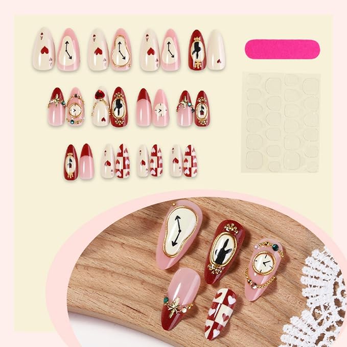 Almond Press on Nails Medium Fake Nails Red Artificial Nail Cherry and Heart Love Designs Gold Charm Stick on Nail for Women 24pcs