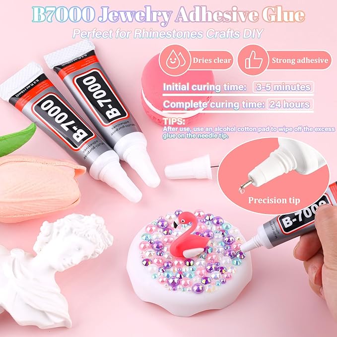 14000Pcs Flatback Pearls and Rhinestones for Crafting, Pink Purple White Mixed Size 3-8mm Resin Rhinestones and Half Pearls for Bedazzling, Nail Art and Decoration with 3pcs B7000 Jewelry Glue