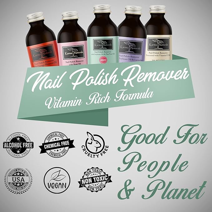 Karma Organic Nail Polish Remover with Soybean Oil and Tea Tree Oil- Non Toxic, Vegan, Cruelty Free, Acetone Free – Nails Strengthener for Fingernails – 4 fl. Oz.