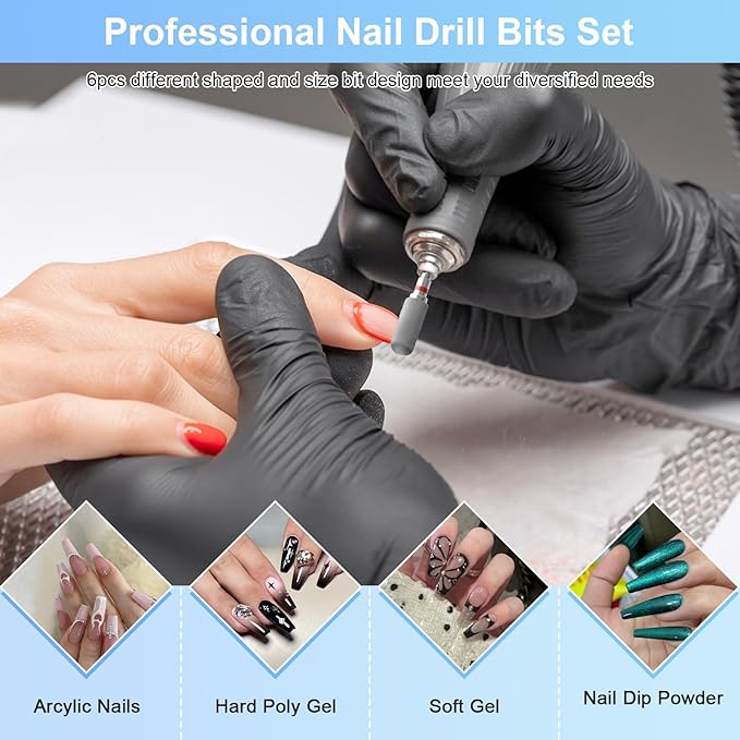 CGBE Nail Drill Bits, 6 Piece Nail Drill Bit Grinding Heads Carbide Machine Accessories for Manicure Remove Acrylic or Hard Gel Polygel, 3/32 Inch Professional Bits for Nail Cutter - Fine