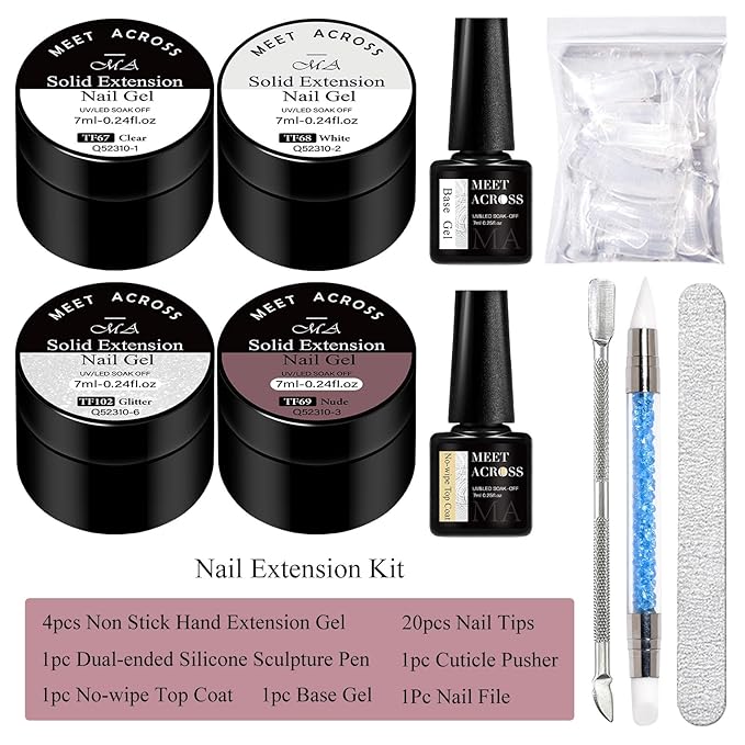 MEET ACROSS All-in-One Extension Mini Kit Non-Sticky Builder Gel Starter Kit WIth Base & Top Coat/Dual-Silicone Pen/Pro File/20-Pc Reusable Dual Forms Salon-Grade Extensions (Clear+White+Glitter+Nude)