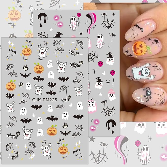 Halloween Nail Art Stickers Decals Gothic Self-Adhesive Nail Stickers Design Pumpkin Ghost Bat Black Cat Nail Decals for Women Girls DIY Manicure 8 Sheets Halloween Nail Stickers Decoration Supply