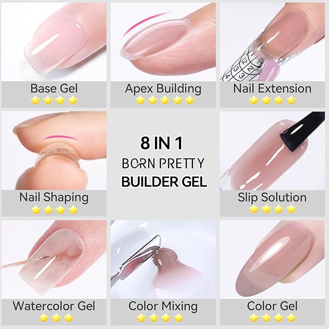 Born Pretty Builder Gel for Nails 15ML,8-in-1 Nude Brown Builder Nail Gel,LED Lamp Cured Color Base Gel Polish Coat Strengthener Extension Rhinestone Glue in a Bottle for DIY Home Salon Gifts