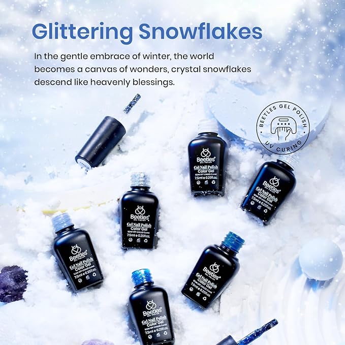 beetles Gel Polish Set, Glitter Snowflakes Collection Blue Polish Set, White Glitter Navy Blue Silver Nails Color Gel Soak off UV LED Lamp Gift for Her