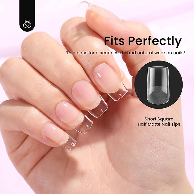 Beetles Gel Nail Tips Etch-X, Square Short, 576Pcs 12 Sizes, Pre-Shaped Half Matte Full Cover Soft Acrylic False Nail Tips Easy DIY Press On Nail Extension Manicure Salon Gift for Women