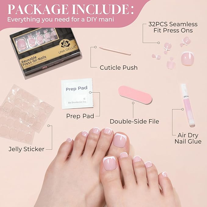 UNA GELLA Press On Toenails Short: Pink French Square Soft Gel Toe Nail Press Ons Kit with Adhesive Tabs Glue on Nails, 16 Sizes - 32Pcs Reusable Short Fake Toenails Kit, Gift for Women Girls