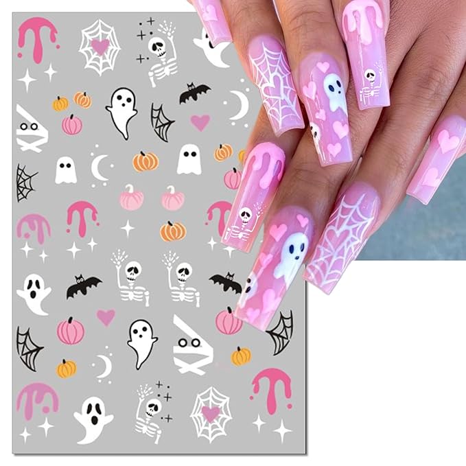 Halloween Nail Art Stickers, Pink Pumpkin Nail Decals, 3D Self-Adhesive Spider-Web Bat Design for DIY Nail Supplies Decoration (6 Sheets)