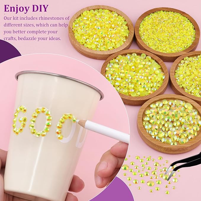 Resin Jelly Rhinestones for Crafting with B7000 Jewelry Glue, 2 Boxes Lemon Yellow AB Flatback Crystals with 3Pcs 10ml Glue, Bedazzling Non Hotfix Gems for DIY Tumblers Clothing Shoes Manicure
