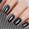 UNA GELLA 32Pcs Soft Gel Press on Nails - 16 Sizes Black Chrome Mirror Short Square Glue on Nails, Reusable Metallic Glossy Black False Nails, Full Cover Acrylic Nail Kit for Women DIY Home Manicure