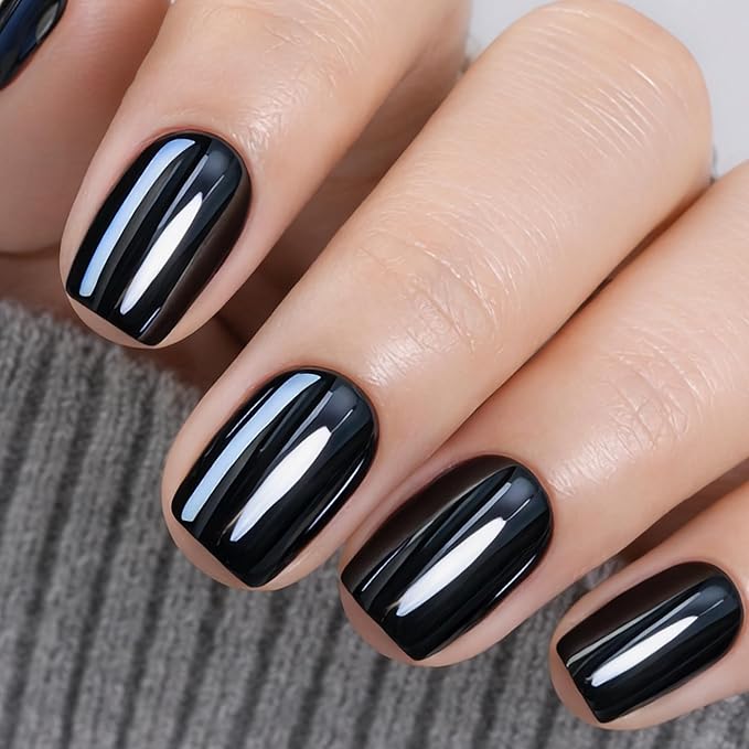 UNA GELLA 32Pcs Soft Gel Press on Nails - 16 Sizes Black Chrome Mirror Short Square Glue on Nails, Reusable Metallic Glossy Black False Nails, Full Cover Acrylic Nail Kit for Women DIY Home Manicure