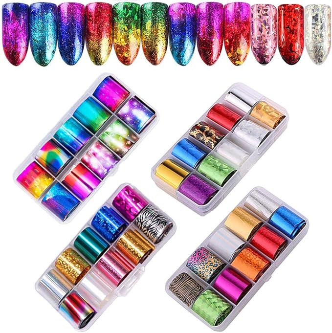 40 Rolls Starry Sky Nail Foil Adhesive Transfer Sticker Tips, EBANKU Nail Art Stickers Tips Wraps Foil Transfer Adhesive Glitters Acrylic DIY Decoration Kit(4 Boxes)