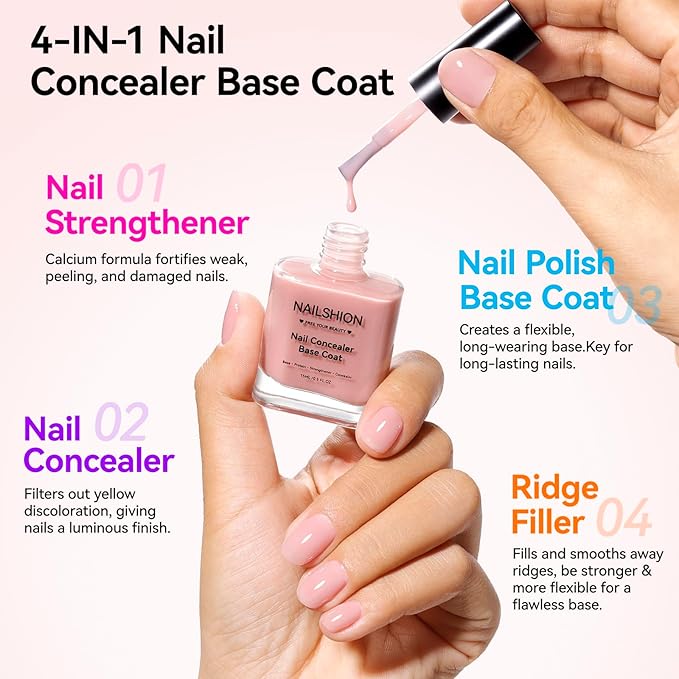 Illuminating Nail Concealer 4-in-1 Base Coat Ridge Filler Sheer Nail Polish & Strengthener for Discolored or Damged Yellowing Nails, Natural Nails Foundation Perfector, 15-free, Air Dry