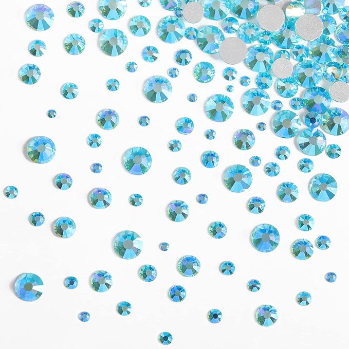 Beadsland Rhinestones for Makeup,8 Sizes 2500pcs Blue AB Flatback Rhinestones Face Gems for Nails Crafts with Tweezers and Wax Pencil,Aquamarine AB,SS4-SS30