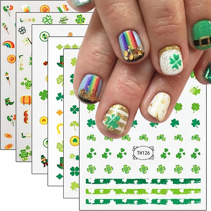 6Sheets St. Patrick's Day Nail Stickers 3D Rainbow Coin Hat Four Leaf Clover Design Spring Nail Decals Lucky Green Shamrock Nail Art Stickers for Women DIY Irish St. Patrick's Day Nail Supplies Decor
