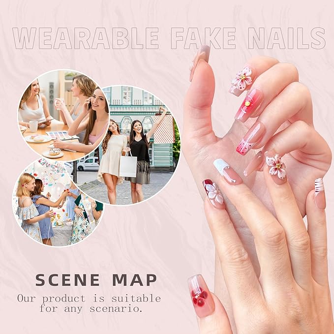 Nude Pink Handmade Press on Nails – Long Coffin Shaped Fake Nails with Rhinestones & Flower Designs | Full Cover Thick Acrylic & Multi-Layer Gel Stick on Nails (M-10PCS)