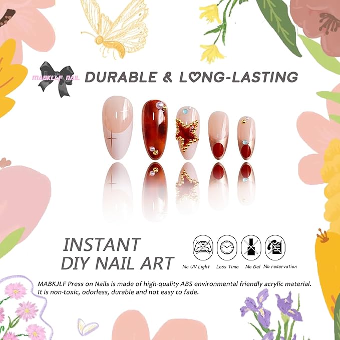 Almond Press on Nails Medium Length MABKJLF French Tip Fake Nails Amber False Nails with Stars Pearls Designs Stick on Nails Glossy Glue on Nails for Women Girls 24Pcs