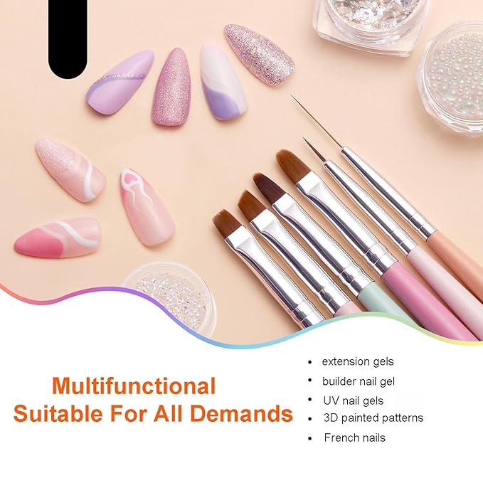 6PCS Nail Art Brushes Set - Professional Nail Design Kit with Gel Polish Brush, Liner, Dotting Tools & Dual-Ended Brushes for Acrylics, French Tips, DIY Manicure Gifts for Beginners/Artists