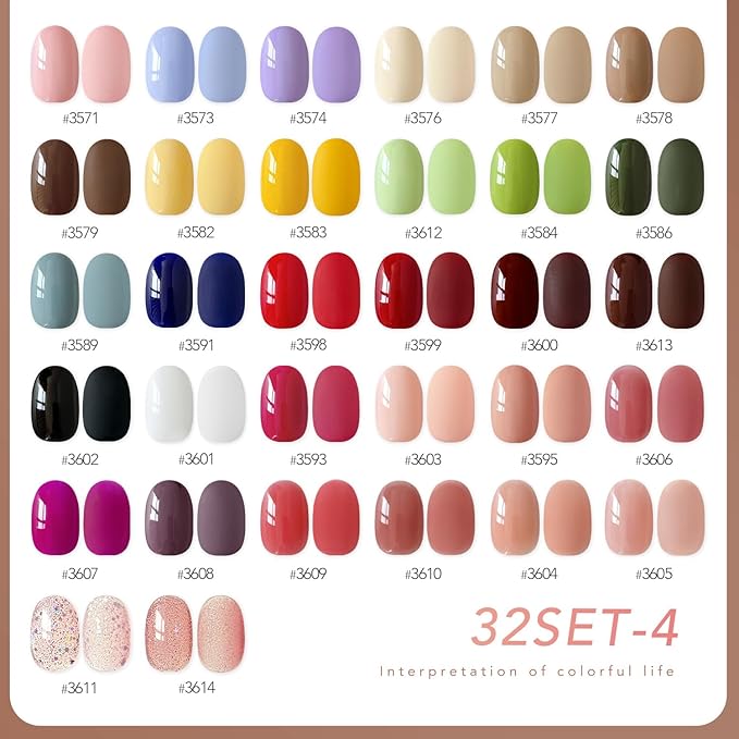 GAOY 36 Pcs Gel Nail Polish Set, 32 Colors All Season Gel Polish Kit Red Black White Nude Brown Glitter with 4 Pcs Soak off Base Glossy Matte Top Coat & Builder for Nail Art DIY Manicure at Home