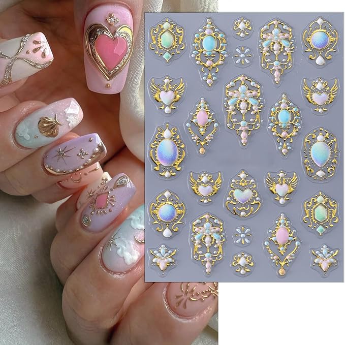 2 Sheets Luxurious Gold Nail Art Stickers Embossed Bohemian Style Nail Decals 5D Heart Flower Nail Stickers Self-Adhesive Mirror Bohemian Designs Nail Art Supplies for Women Manicure Accessories