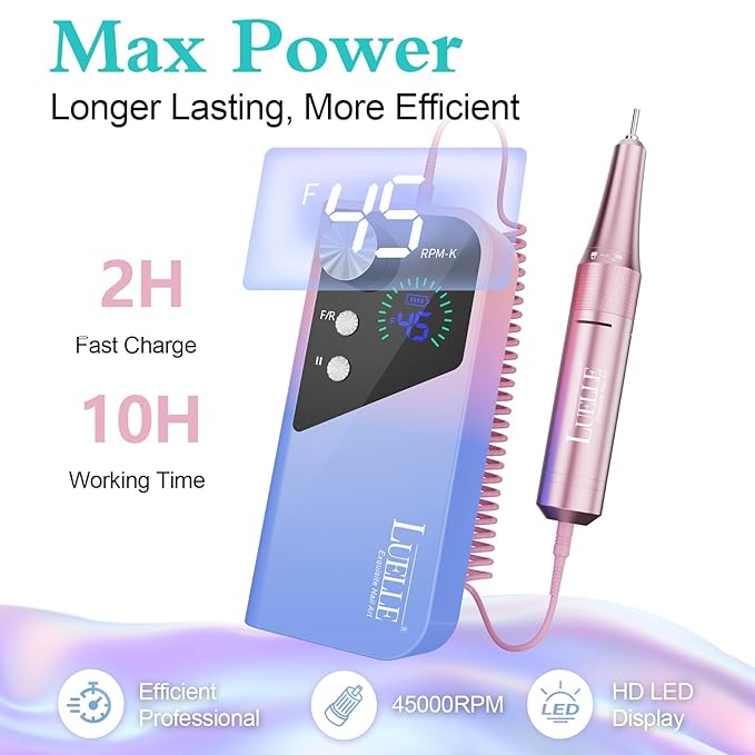 Electric Nail Drill File Professional 45000 RPM, LUELLE Electric Nail File Machine Kit for Acrylic Gel Nails Polishing Removing, Portable Rechargeable Cordless E File with Gold Bits Kit for Salon Home