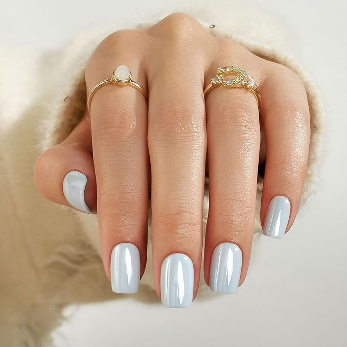 Chrome Press on Nails Square - SHANGMENG Soft Gel Blue Press on Nails Short for Women Gift, Glossy & Natural Stick on Nails with Glue in 16 Sizes - 32 Reusable Fake Nails, Aurora Light Blue