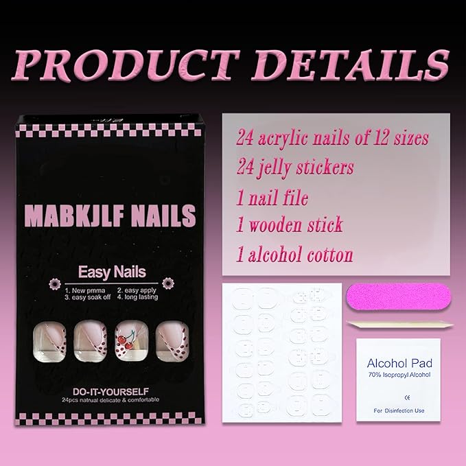 White French Tip Press on Nails Medium Almond MABKJLF Fake Nails False Nails with Red Polka Dots Cherry Designs Glossy Glue on Nail Full Cover Acrylic Nails for Women Girls 24Pcs