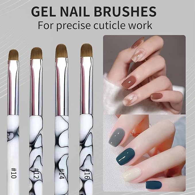 4Pcs French Tip Brush, Double-Ended French Brushes for Nails with Dotting Tool, Clean Up Brush for Gel Nail Polish, Size 10/12/14/16, Acrylic Nail Art Brushes, Manicure Tools for Nail Design-White