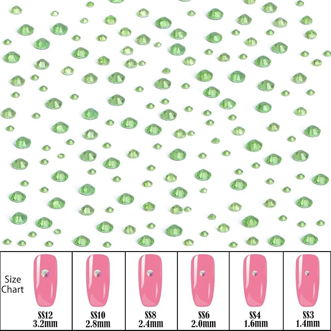 NCB Hotfix Iron on 8000pcs Crystal Rhinestones Round Gem for Crafts Decoration DIY Jewelry Making with a Picking Pen (Peridot, 6Sizes SS3-SS12)