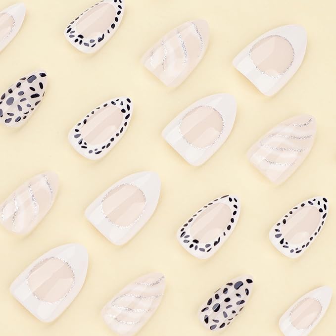 Short Almond Press On Nails, Nude Black White Mix Design Fake Nails with Dotted Tips, Outline French Style and Shimmery Silver Line Art, Glossy Reusable Acrylic Glue On Nails Kit for Women