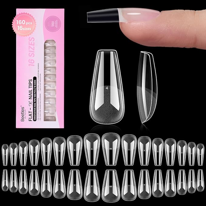 Beetles Gel Nail Tips Flat-X - Coffin Medium, 160pcs 16 Sizes, Pre-Etched Half Matte Full Cover Soft Acrylic False Nail Tips Clear Press on Easy DIY Nail Extension Salon for Flat & Natural Nail Beds