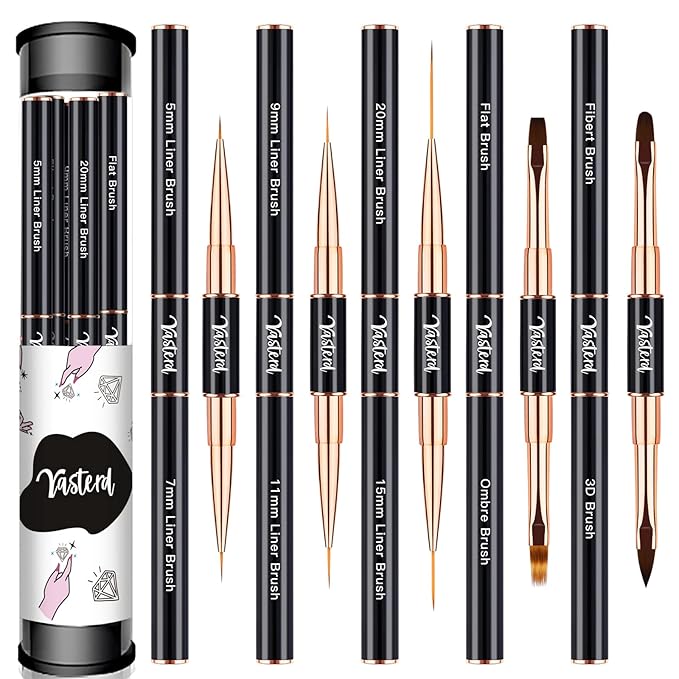 Yasterd Nail Art Brush Set Professional- 5pcs Double-Ended Nail Art Brushes for Long Lines, Thin Liner brush for Nails Detail, Nail Design Brush Ombre Brush 3D Brush Kits for Gel Polish Acrylic Nail Drawing