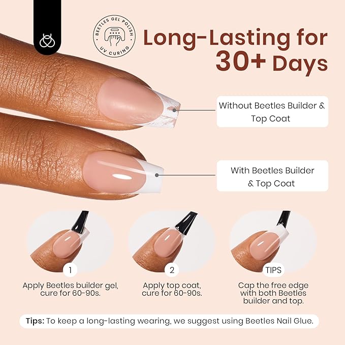 Beetles French Tip Press on Nails Long Square, 15 Sizes Soft Gel Nail Tips Jelly Brown 7 Styles Pre-Designed 4 in 1 Fake Nails Natural Look False Nail Tips for Nail Extensions Nail Art Gifts for Girls