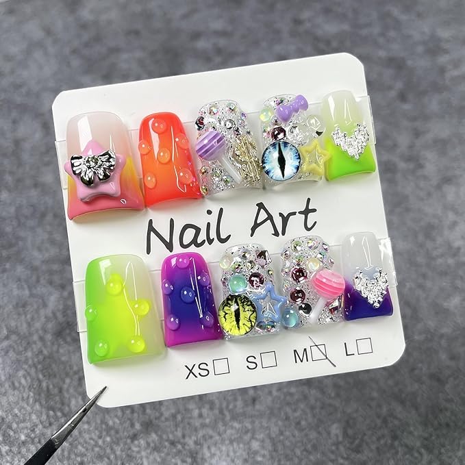 Handmade Press on Nails Luxury Thicked Acrylic Fake Nails Gradient French Tip False Nail with 3D Lollipop Rhinestones Stars Designs Glitter Short Duck Stick on Nails for Women (M)