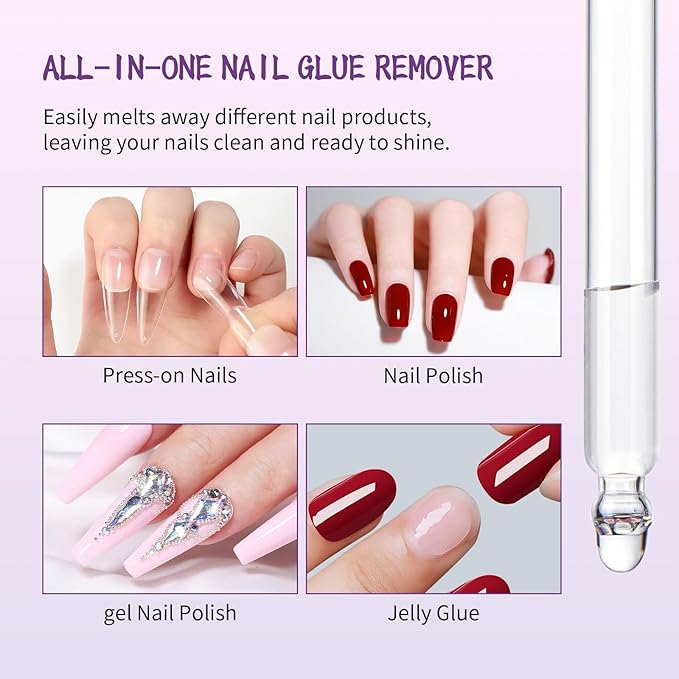 60ML Press On Nail Glue Remover - Acetone-Free Odorless Fake Nail Remover with Crystal Stick, Soft Painless Removal for Nail Tips & Rhinestone Adhesive