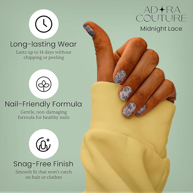 Semi Cured Gel Nail Strips with 20 Pieces - UV Gel Stickers, Manicure Kit, Easy Application Wraps Includes Prep Pads, Nail File, Wooden Stick - UV Light Required (Midnight Lace)
